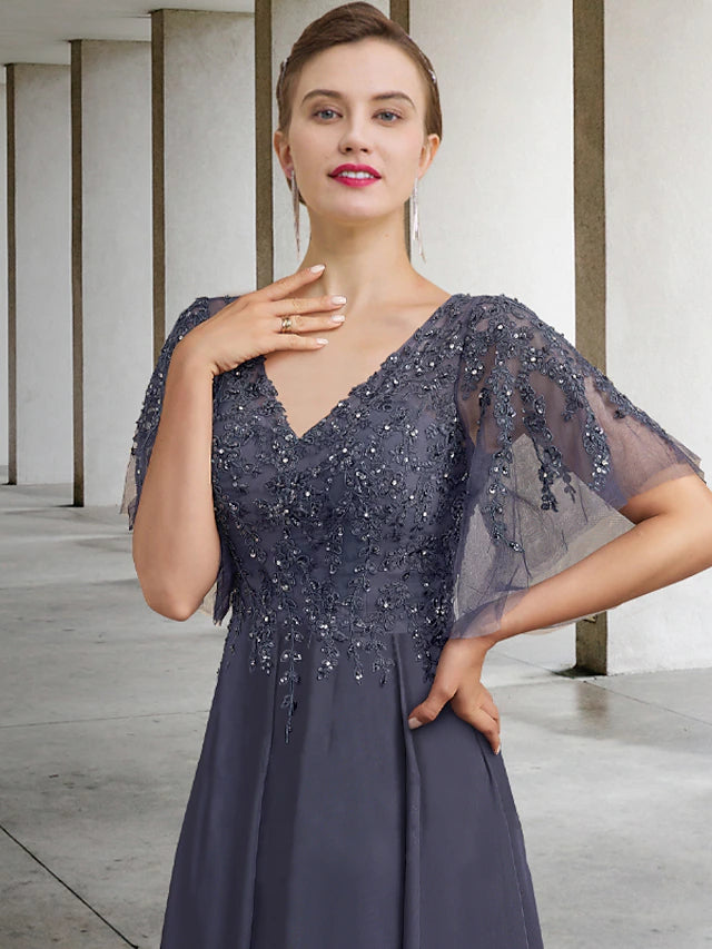 Side view of the elegant plus size ankle-length gown.
