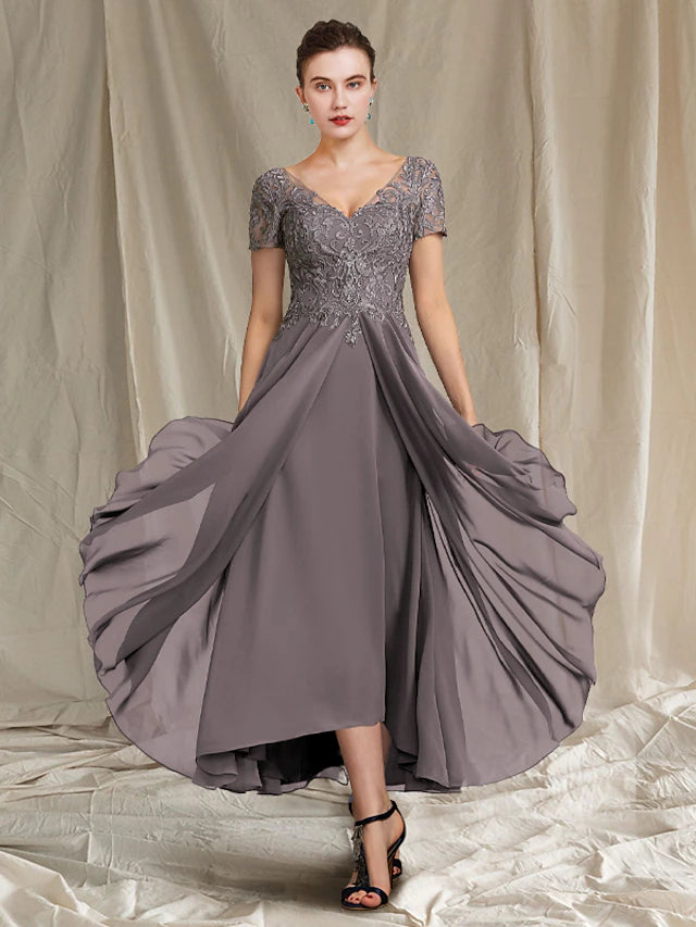 Elegant A-Line Mother of the Bride dress with V-neck and short sleeves.