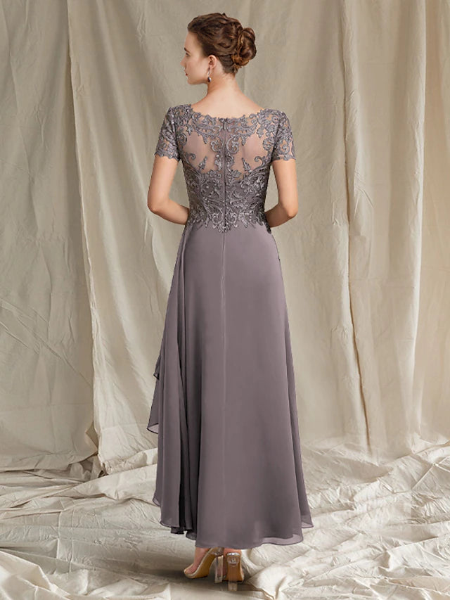 Back view of the A-Line Mother of the Bride dress showcasing appliques and pleats.