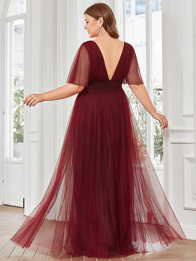 Full view of the V-neck short sleeve plus size bridesmaid dress.