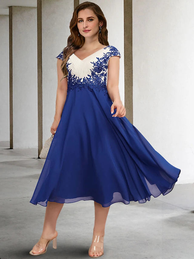 Front view of an elegant plus size A-line V-neck tea length Mother of the Bride gown.