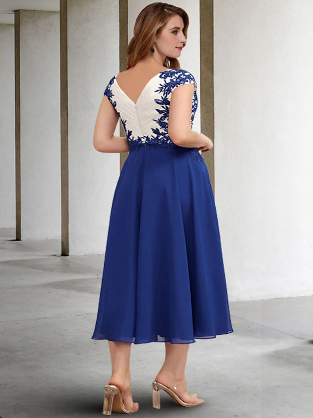 Back view of the formal plus size A-line gown, showcasing splicing details.