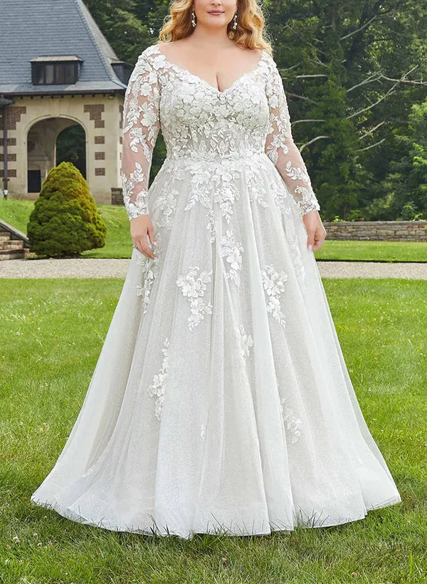 Elegant plus size A-line wedding dress with V-neck, long sleeves, and delicate lace applique.