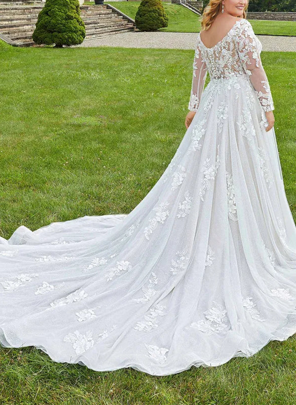 Full view of a plus size A-line wedding gown, showcasing long sleeves and intricate lace details.