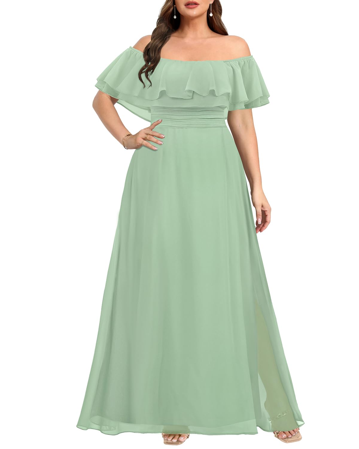 Plus size model in elegant A-line off-shoulder chiffon formal dress.