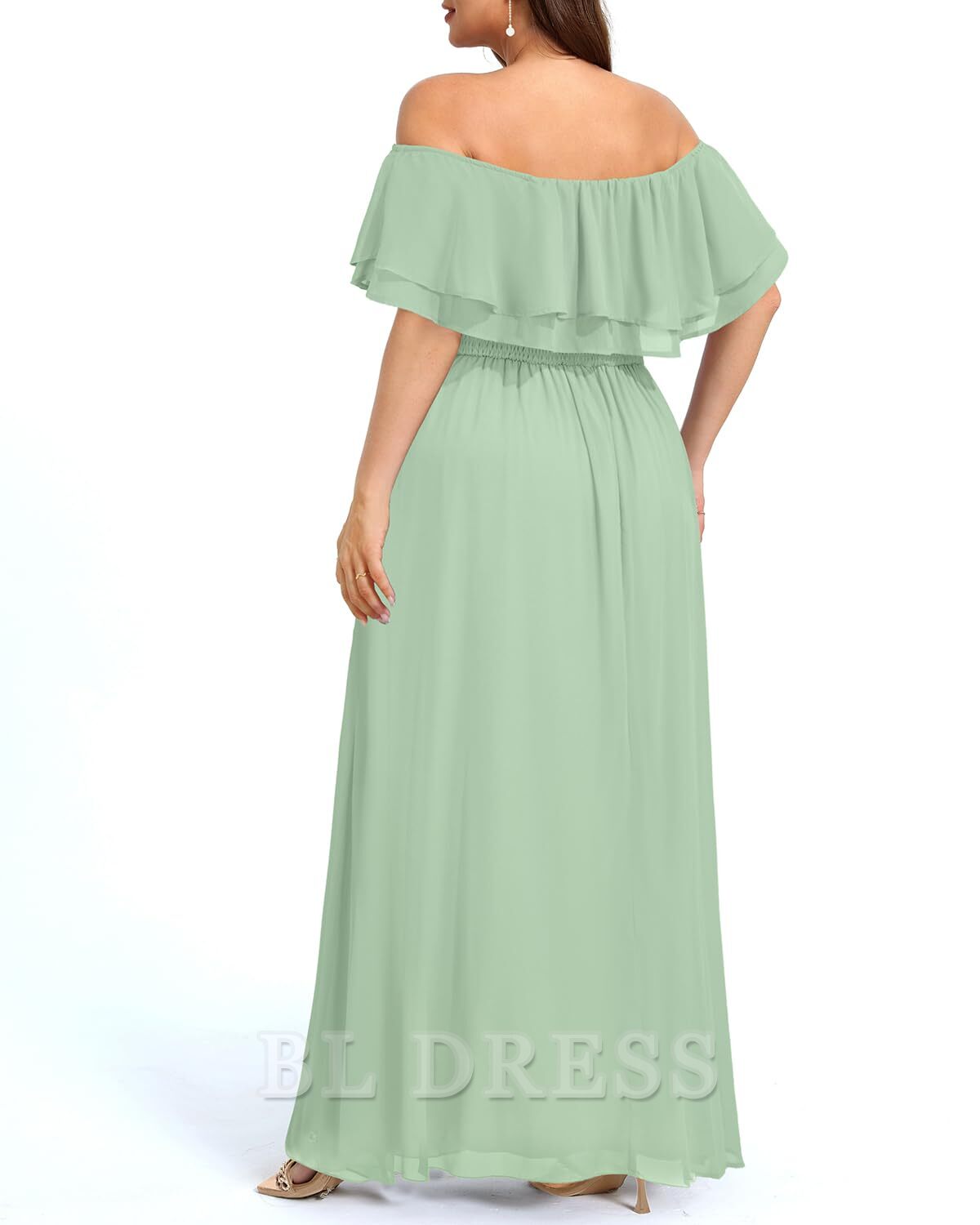 Side view of plus size A-line off-shoulder chiffon bridesmaid dress.