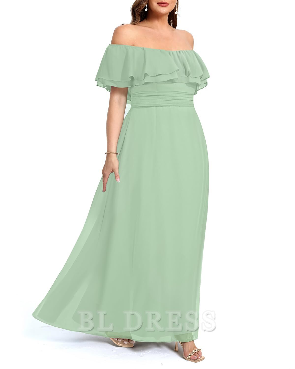 Back view of plus size off-shoulder chiffon evening gown.