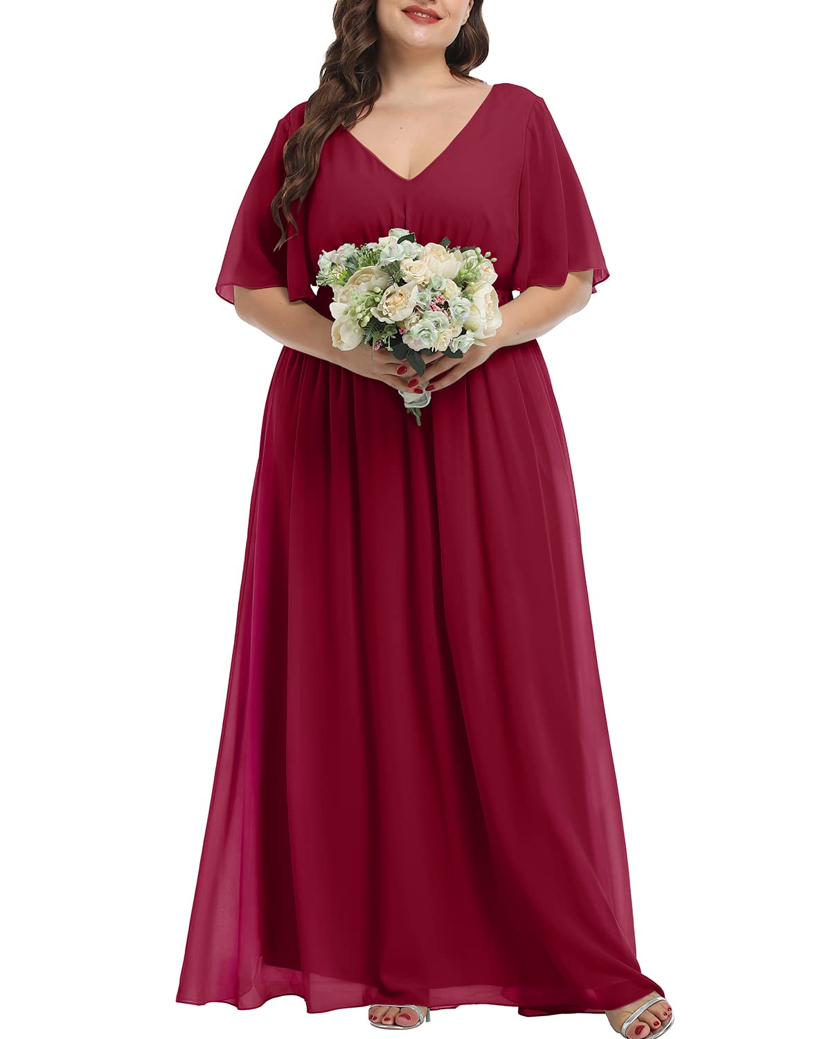 Plus size A-line V-neck chiffon long formal dress.