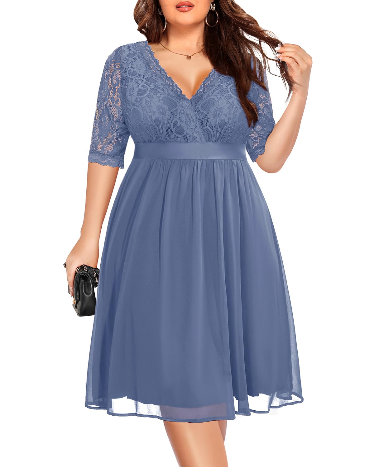 Elegant plus size A-line V-neck lace chiffon formal dress.