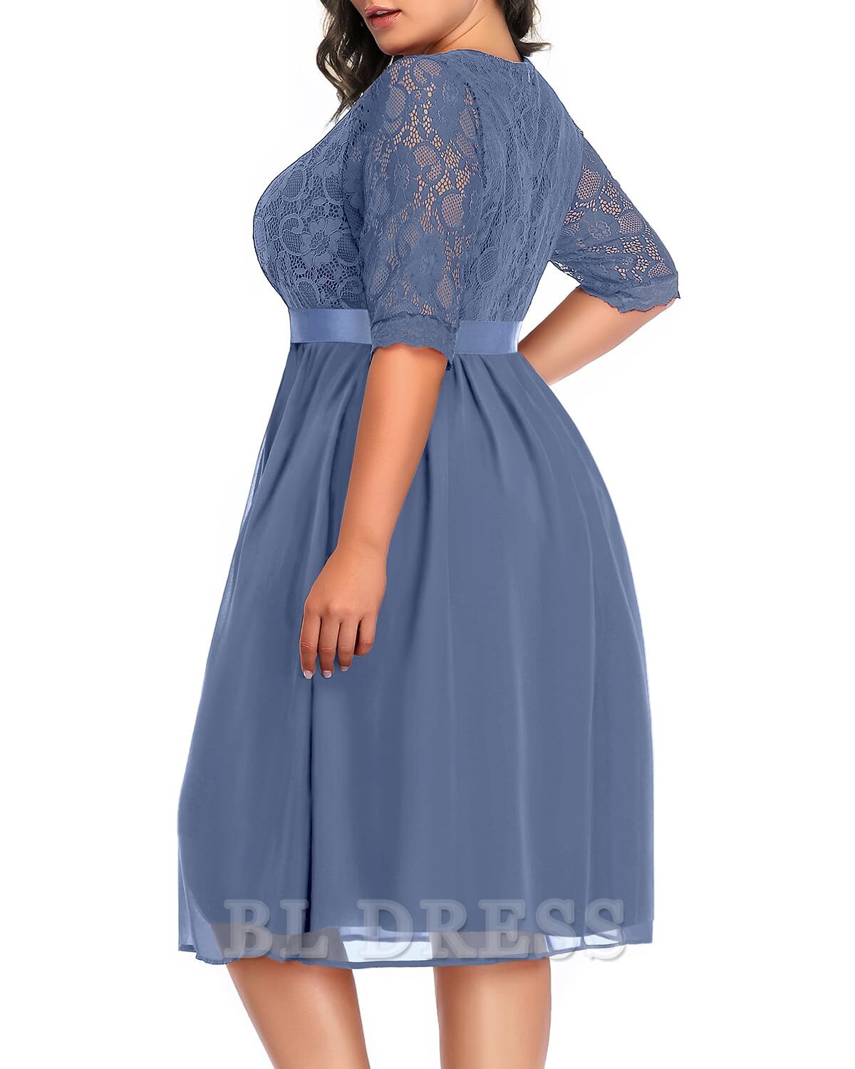 Plus size A-line V-neck lace chiffon bridesmaid dress, side view.