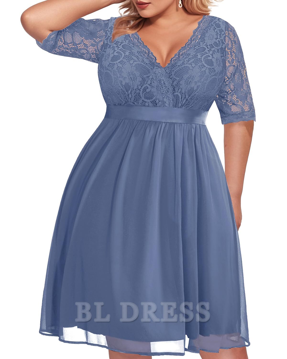 Back detail of a plus size A-line V-neck lace chiffon evening gown.