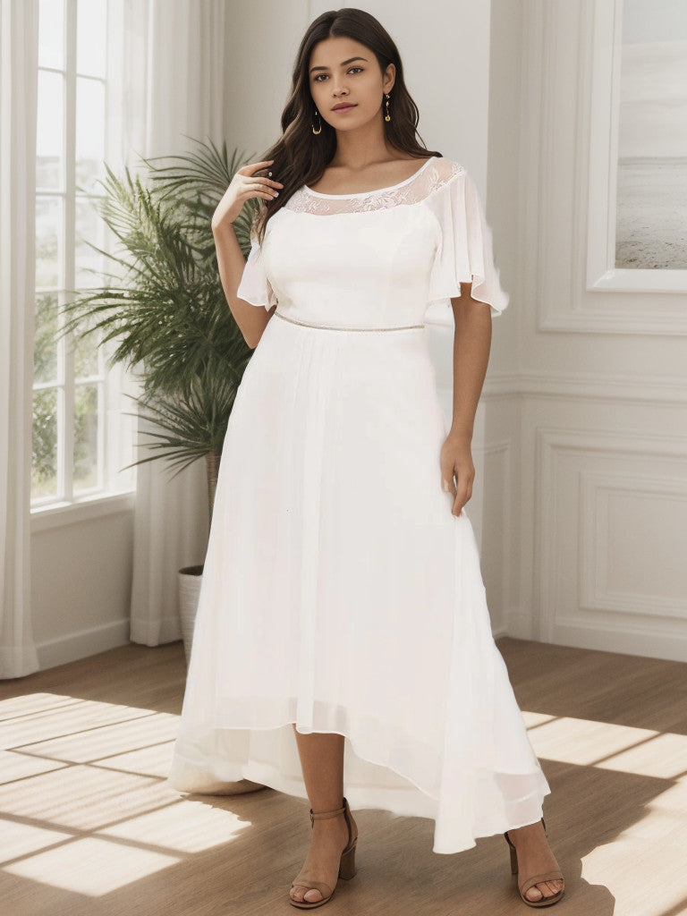 Cream plus size formal dress with boat neck and sleeves.
