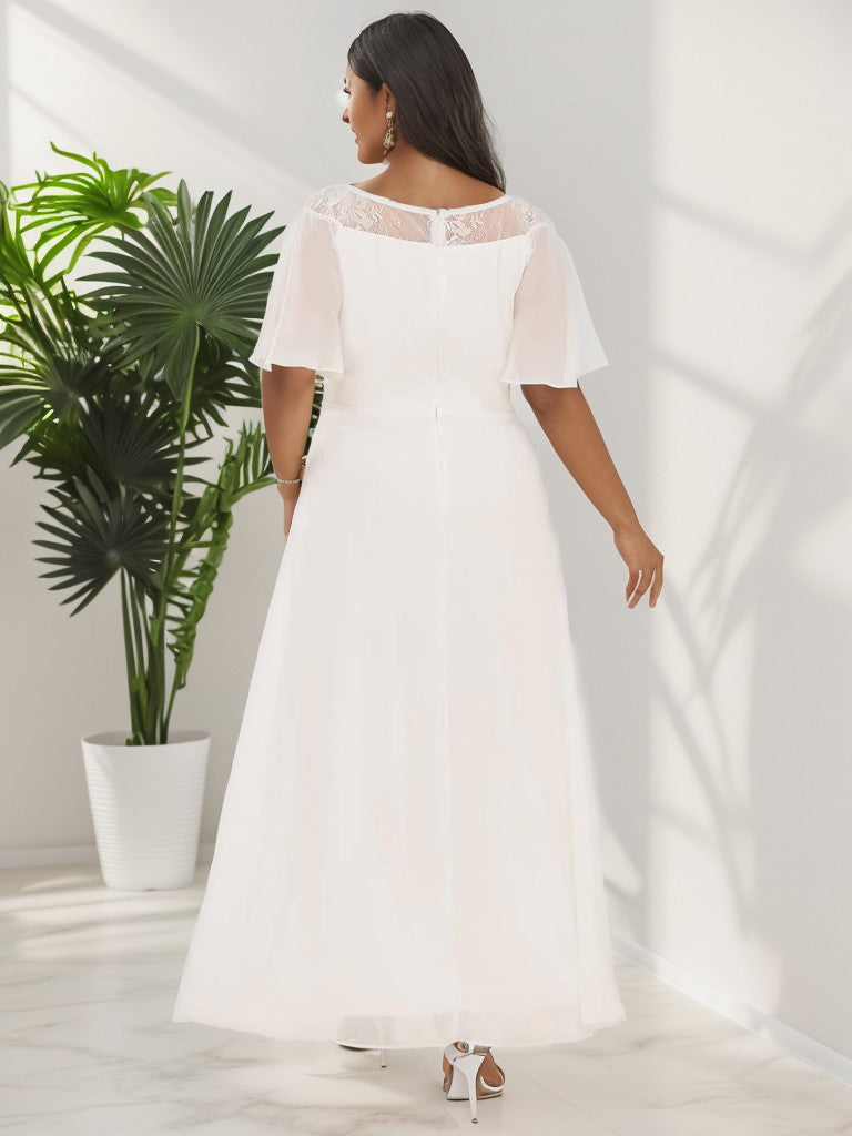 Back view of a cream plus size formal dress with boat neck and sleeves.