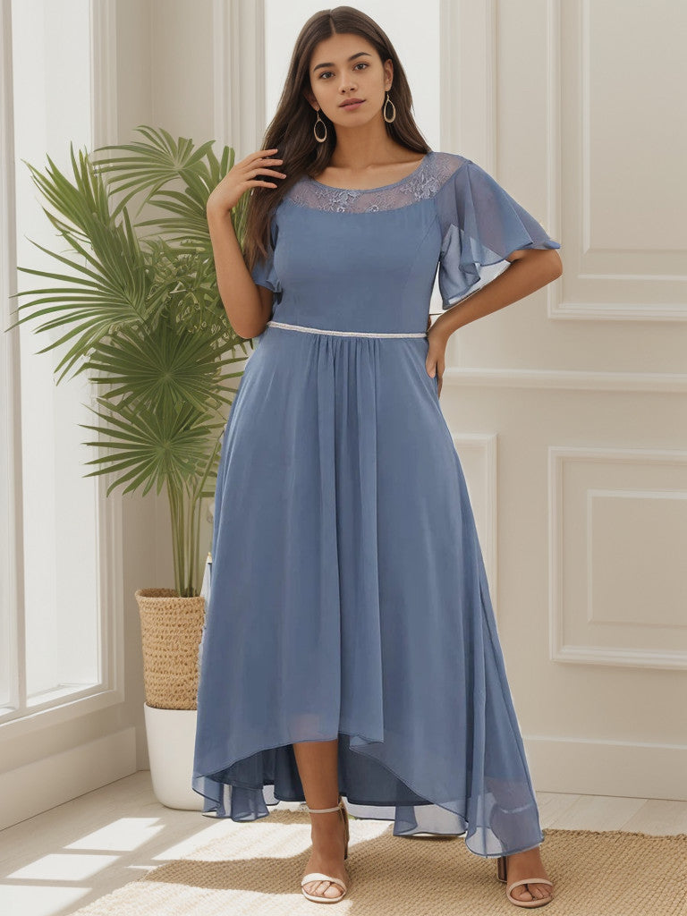 Dusty navy plus size formal dress with boat neck and sleeves.