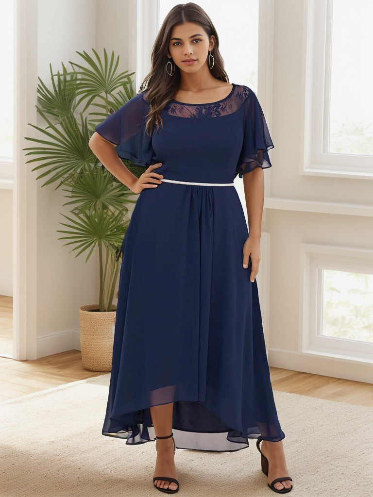 Navy blue plus size formal dress with boat neck and sleeves.