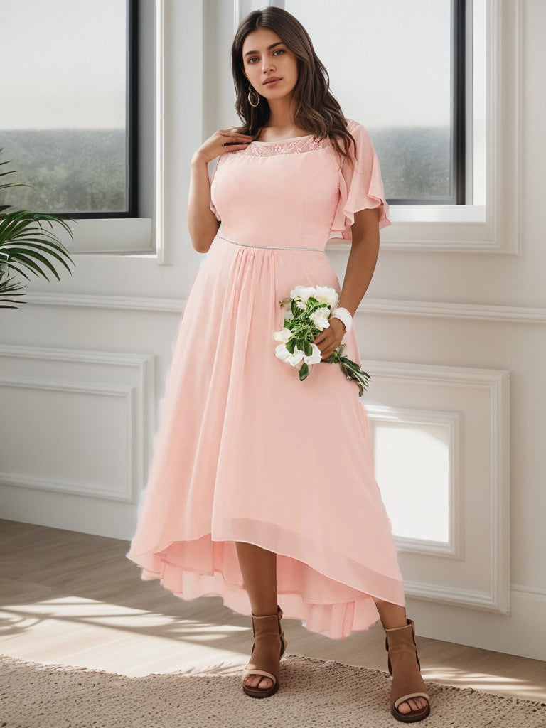Pink plus size formal dress with boat neck and sleeves.