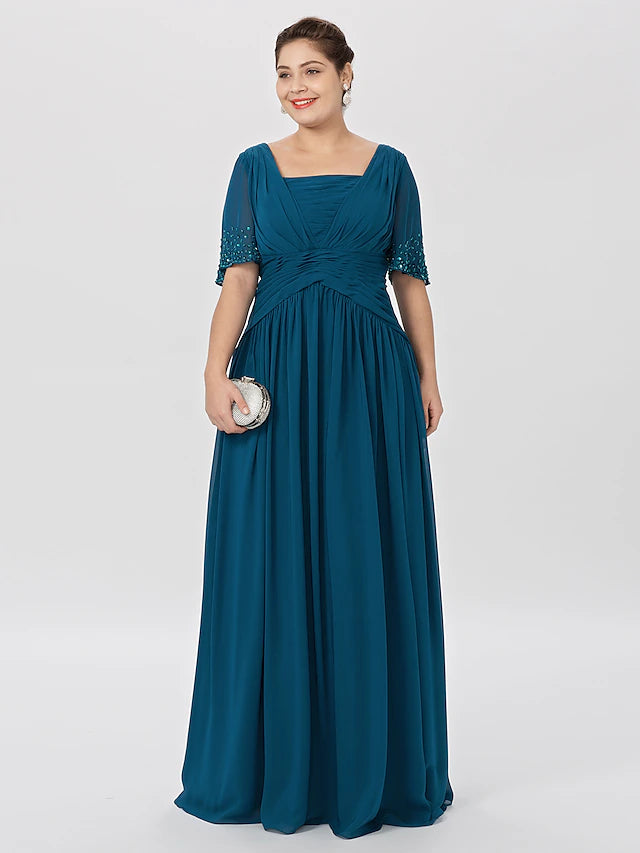 Plus size A-line ball gown with square neck and short sleeves, side view.