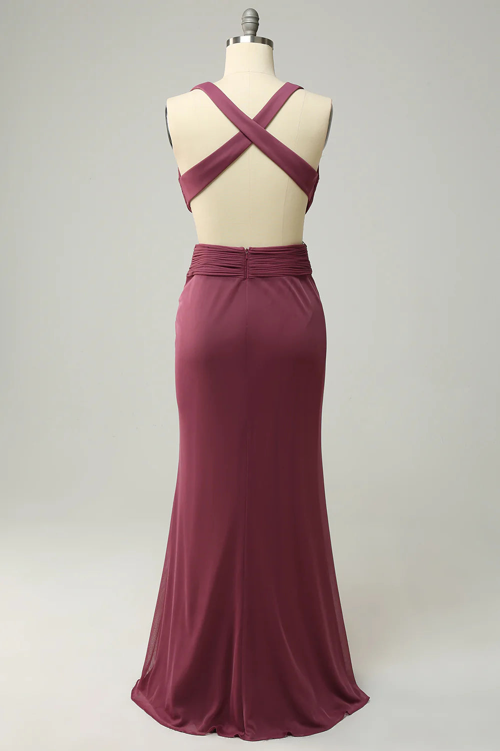 Back view of a model in the plus size cross front long prom dress.