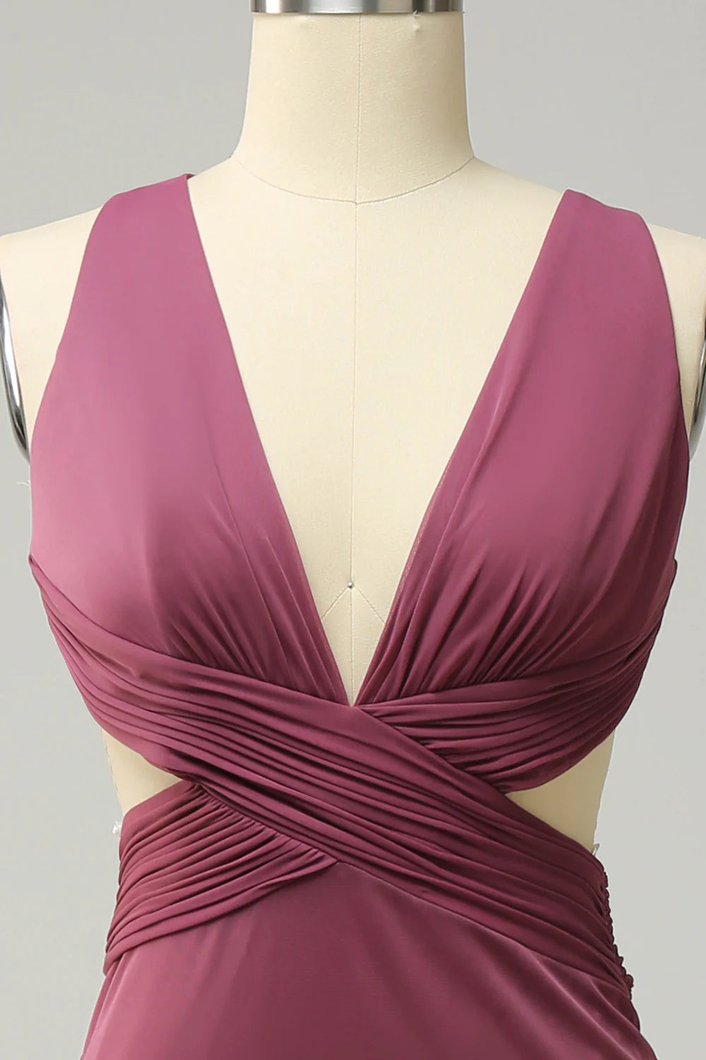 Close-up of the cross-front detail on the elegant plus size prom dress.