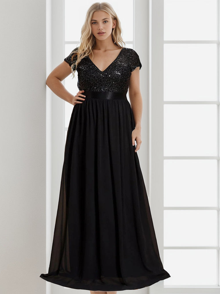 Black Plus Size Empire Waist V-Neck Cap Sleeve Chiffon Formal Gown.
