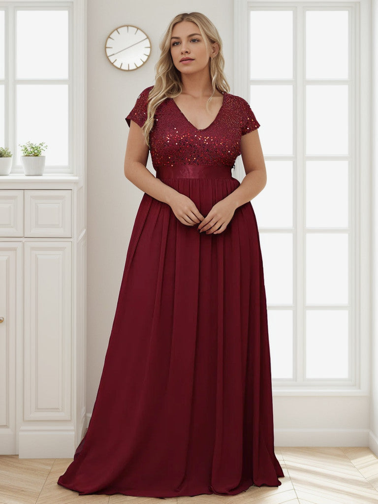 Burgundy Plus Size Empire Waist V-Neck Cap Sleeve Chiffon Formal Gown.