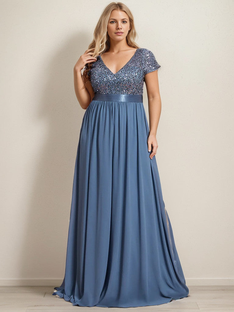 Dusty Navy Plus Size Empire Waist V-Neck Cap Sleeve Chiffon Formal Gown.