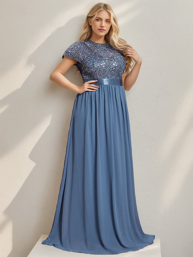 Dusty Navy Plus Size Empire Waist V-Neck Cap Sleeve Chiffon Formal Gown, full length.
