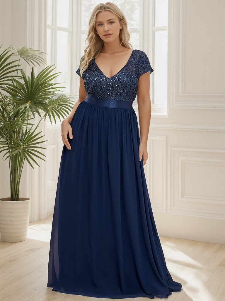 Navy Blue Plus Size Empire Waist V-Neck Cap Sleeve Chiffon Formal Gown.