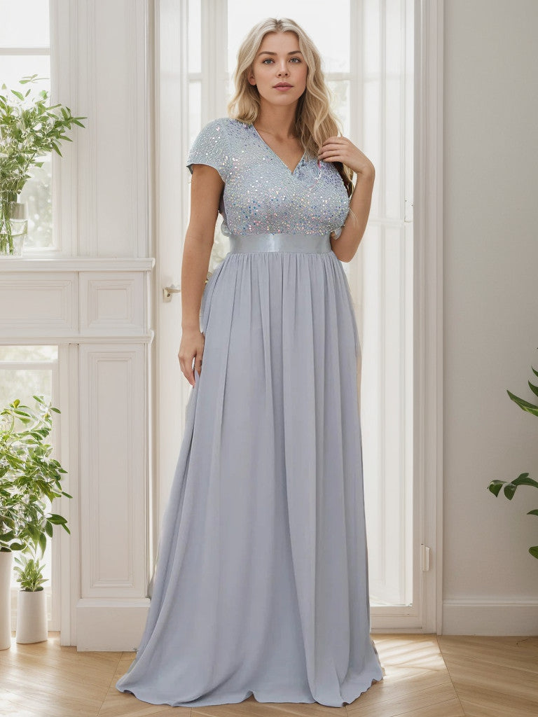 Silver Plus Size Empire Waist V-Neck Cap Sleeve Chiffon Formal Gown.