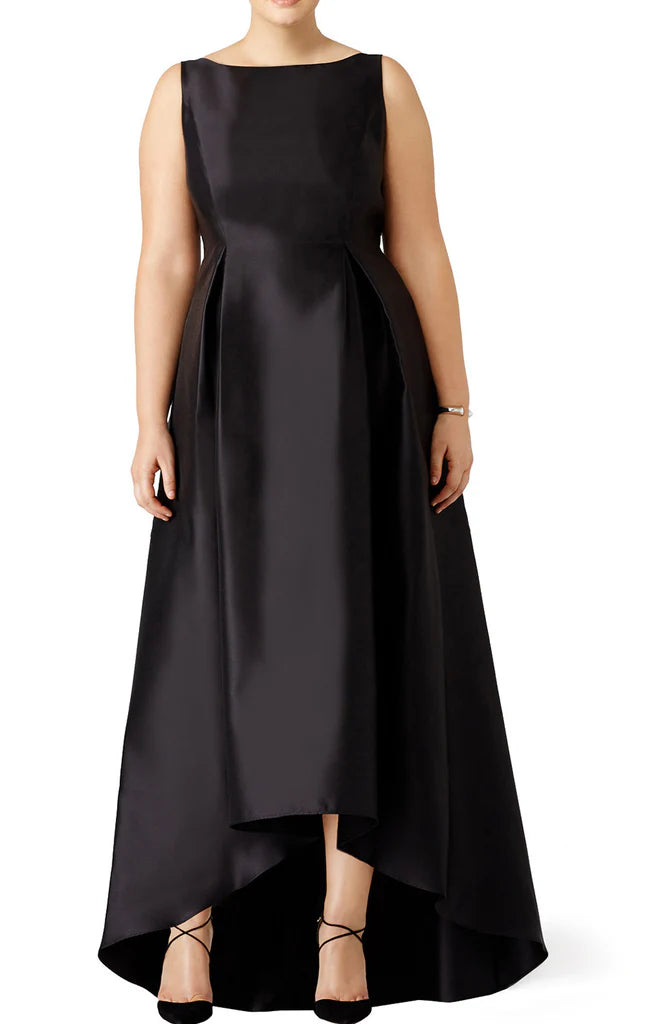 Elegant plus size high neck satin prom gown with spaghetti straps, front view.