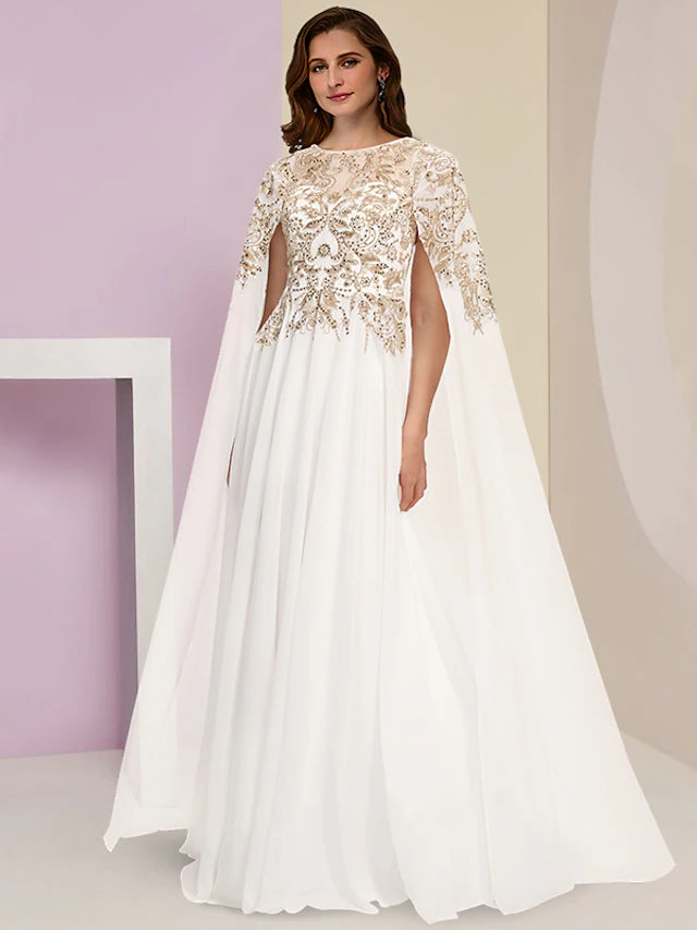 Plus size mother of the bride dress with jewel neck, long sleeves, and sequin lace details.