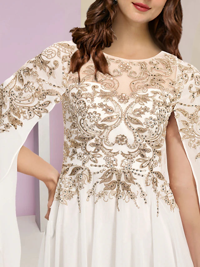 Back view of a floor length plus size sequined chiffon gown with elegant pleats.