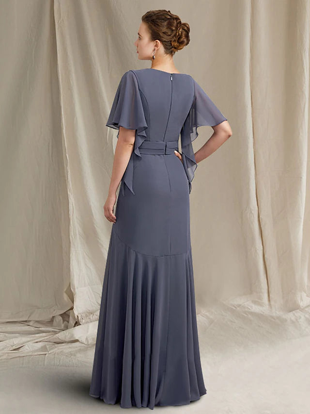 Close-up of the V-neckline and short sleeve details on a mermaid Mother of the Bride gown.