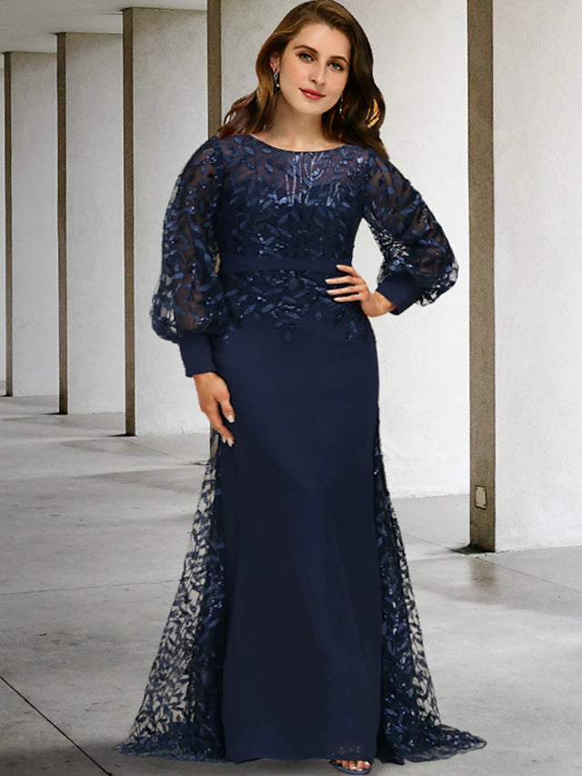 Elegant plus size mermaid mother of the bride gown with long sleeves and sequin details.
