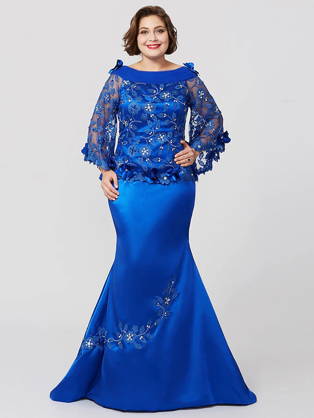 Elegant plus size mermaid trumpet Mother of the Bride gown with bateau neck and long lace sleeves.