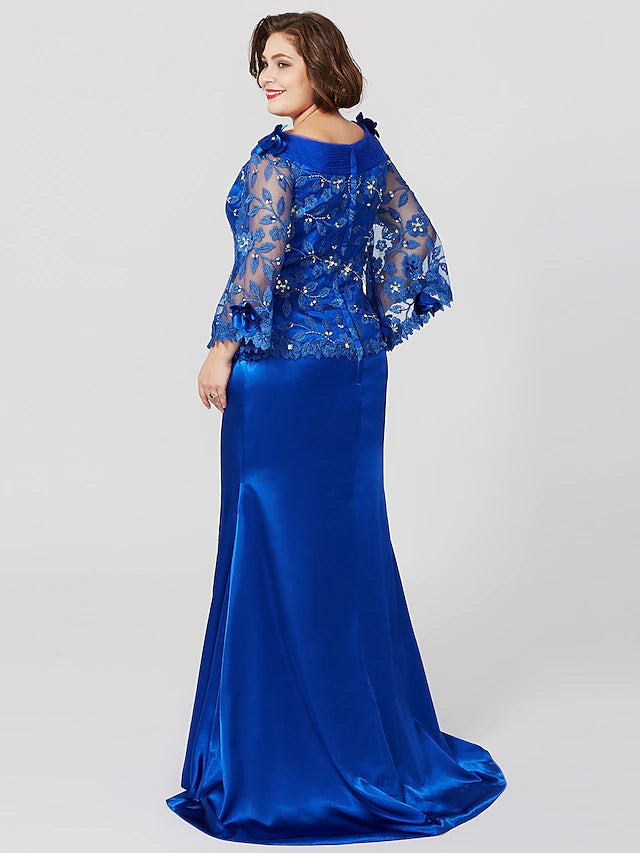 Side view of the elegant plus size mermaid trumpet dress, showcasing the silhouette.