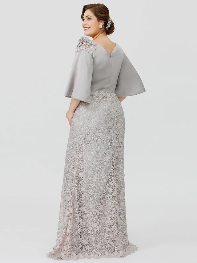 Fabric detail of the satin and chiffon gown with delicate lace.