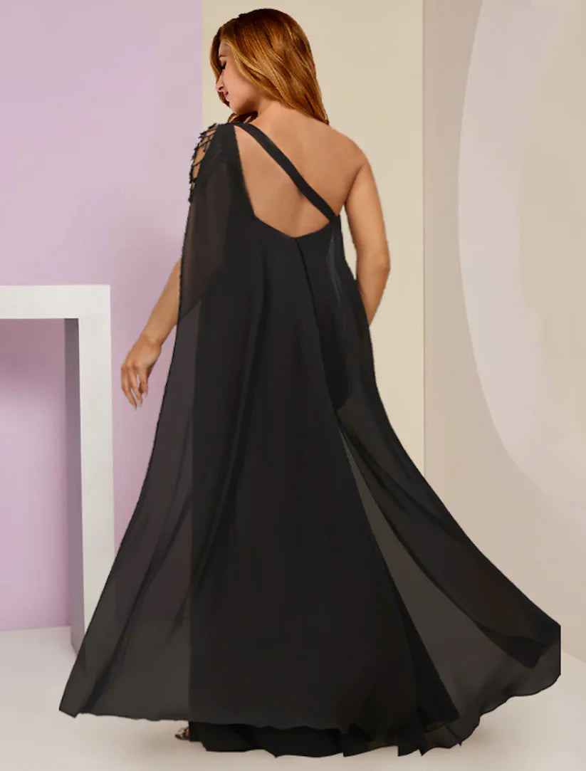 Plus size woman in a one-shoulder floor-length chiffon dress with beading, showing the side profile.