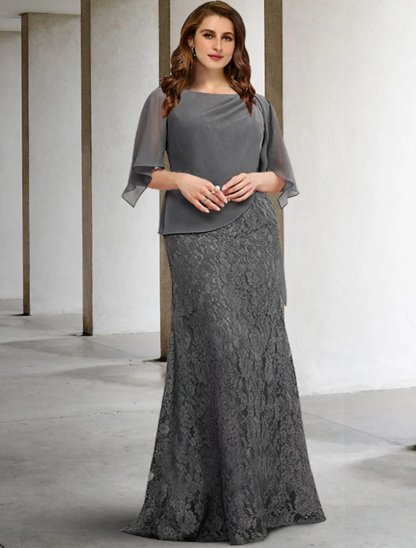 Elegant plus size Mother of the Bride dress in chiffon, featuring a jewel neck and half sleeves, worn by a model.