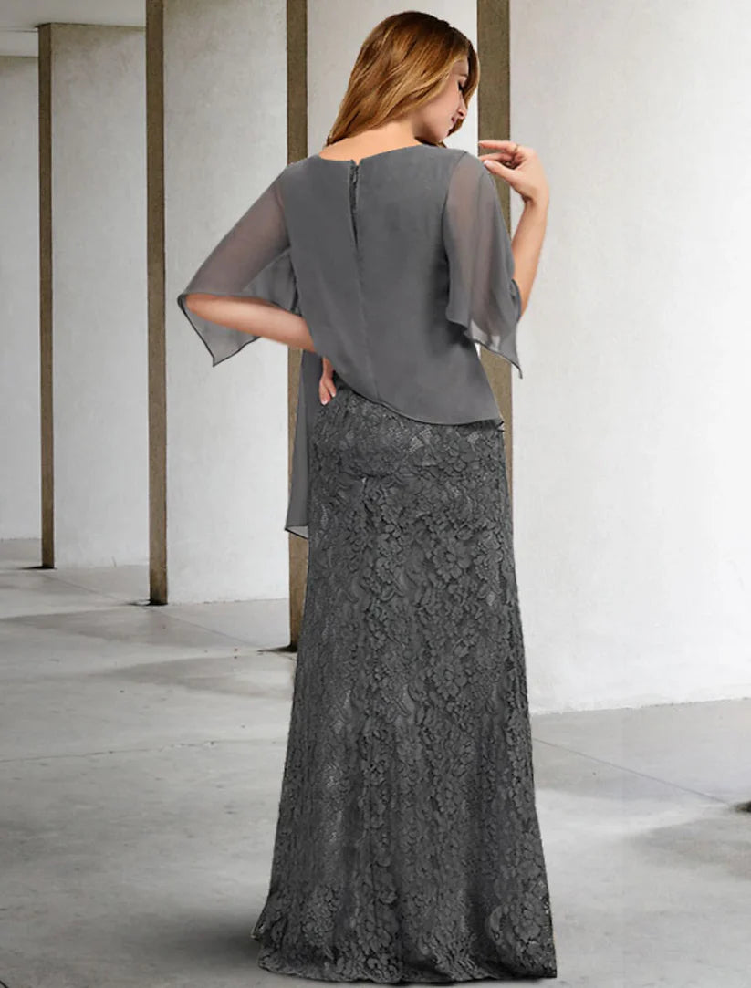 Full view of a plus size Mother of the Bride chiffon dress with half sleeves and jewel neck, showcasing its floor-length.
