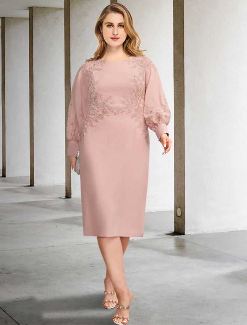 Elegant plus size Mother of the Bride dress in sheath style with appliques and long sleeves.