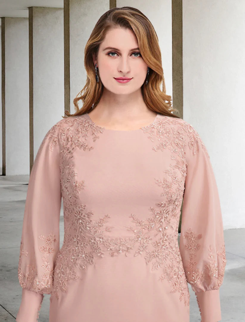 Front view of an elegant plus size Mother of the Bride dress, highlighting the jewel neck and tea length.