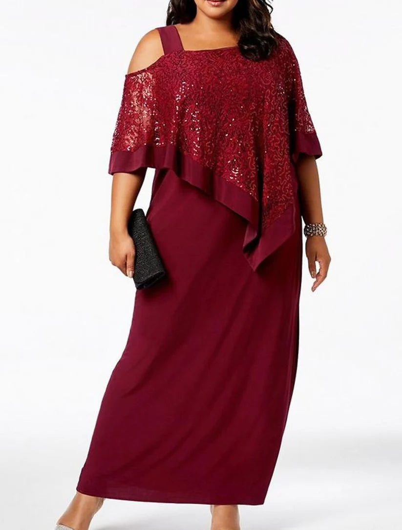 Elegant Plus Size Mother of the Bride dress, front view, featuring a bateau neck and ankle length silhouette.