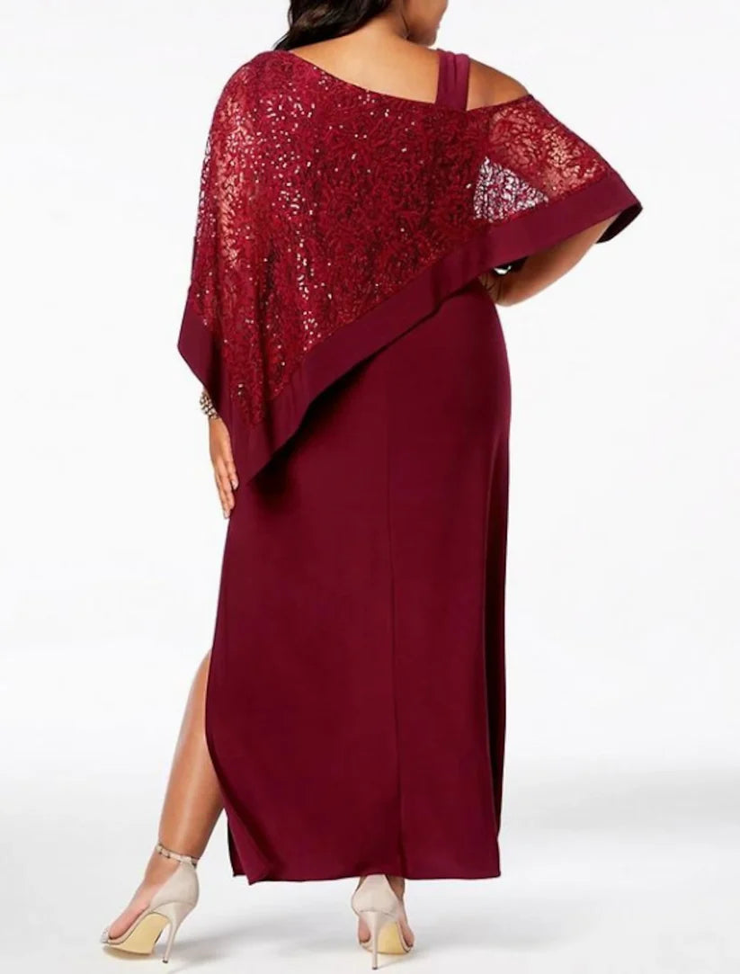 Close-up of the chiffon and lace fabric with sequin embroidery on the 3/4 length sleeve of the Mother of the Bride dress.
