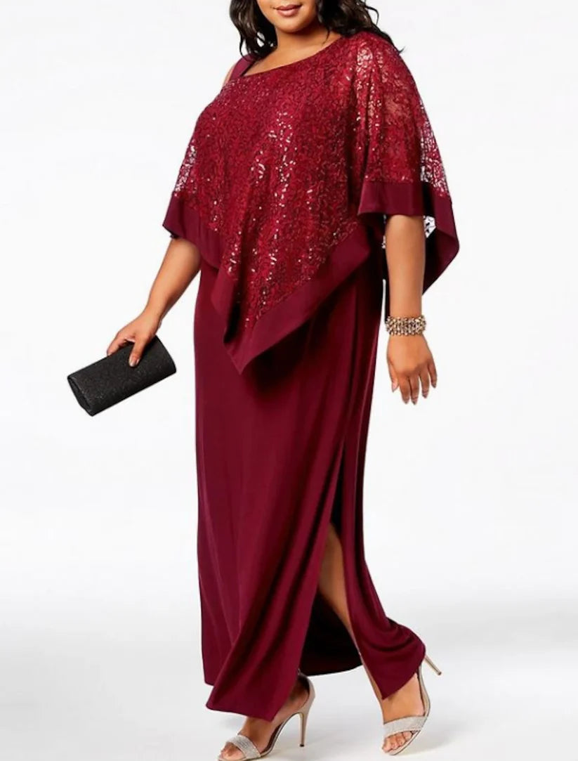 Side view of the Sheath/Column Plus Size Mother of the Bride dress, highlighting its elegant drape.