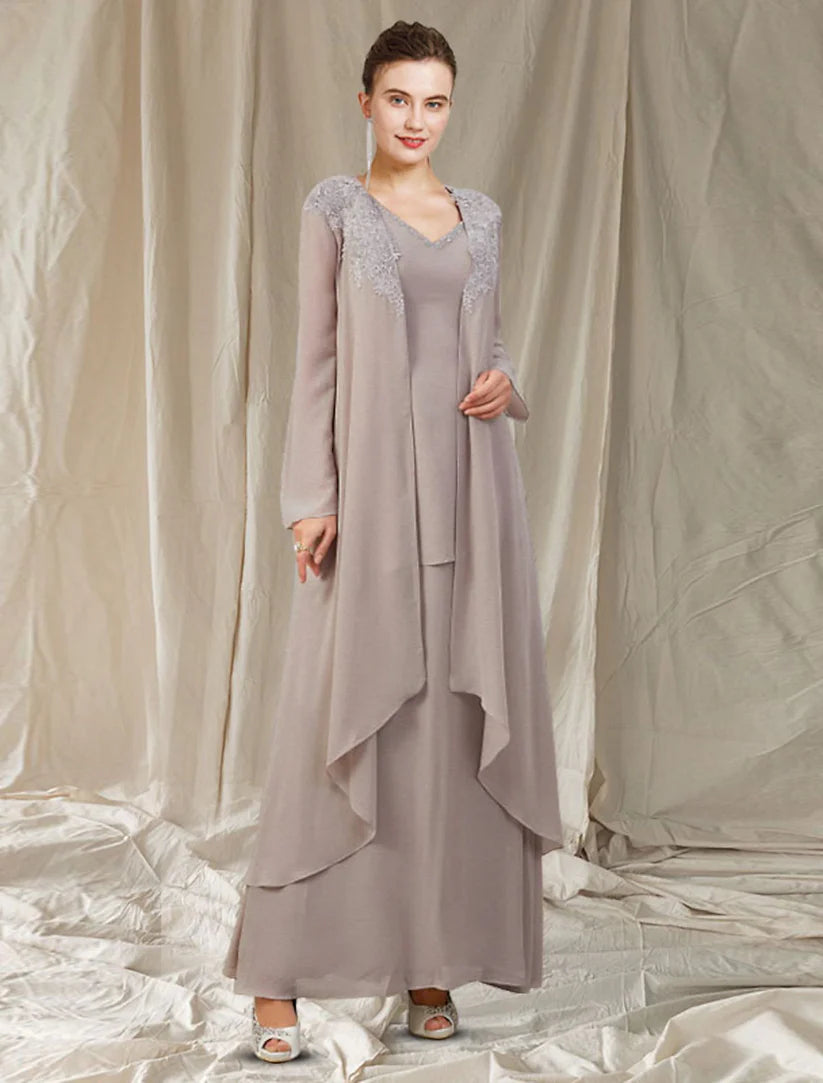 Elegant plus size mother of the bride A-line dress with V-neck and long sleeve jacket, adorned with appliques.
