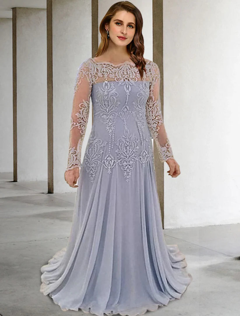 Elegant plus size Mother of the Bride wearing a long sleeve off-shoulder mermaid trumpet dress with appliques and pleats.