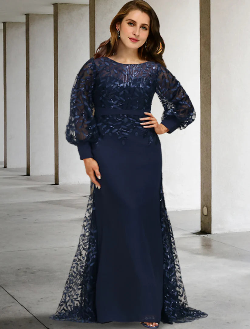 Plus size mermaid trumpet mother of the bride dress with long sleeves and sequin ruffles.