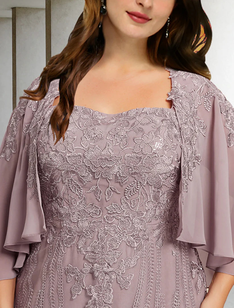 Close-up of the intricate beading and appliques on a sleeveless square neck Mother of the Bride dress.