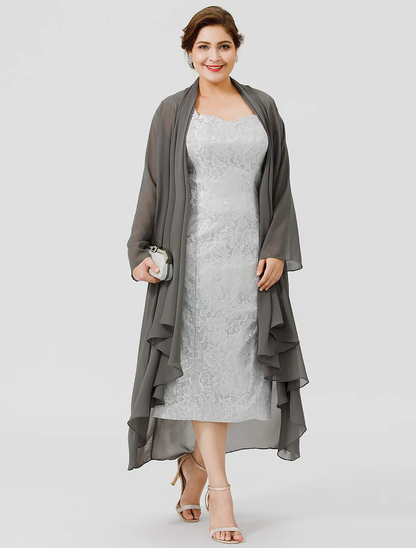 Elegant plus size mother of the bride sheath dress with lace and chiffon.